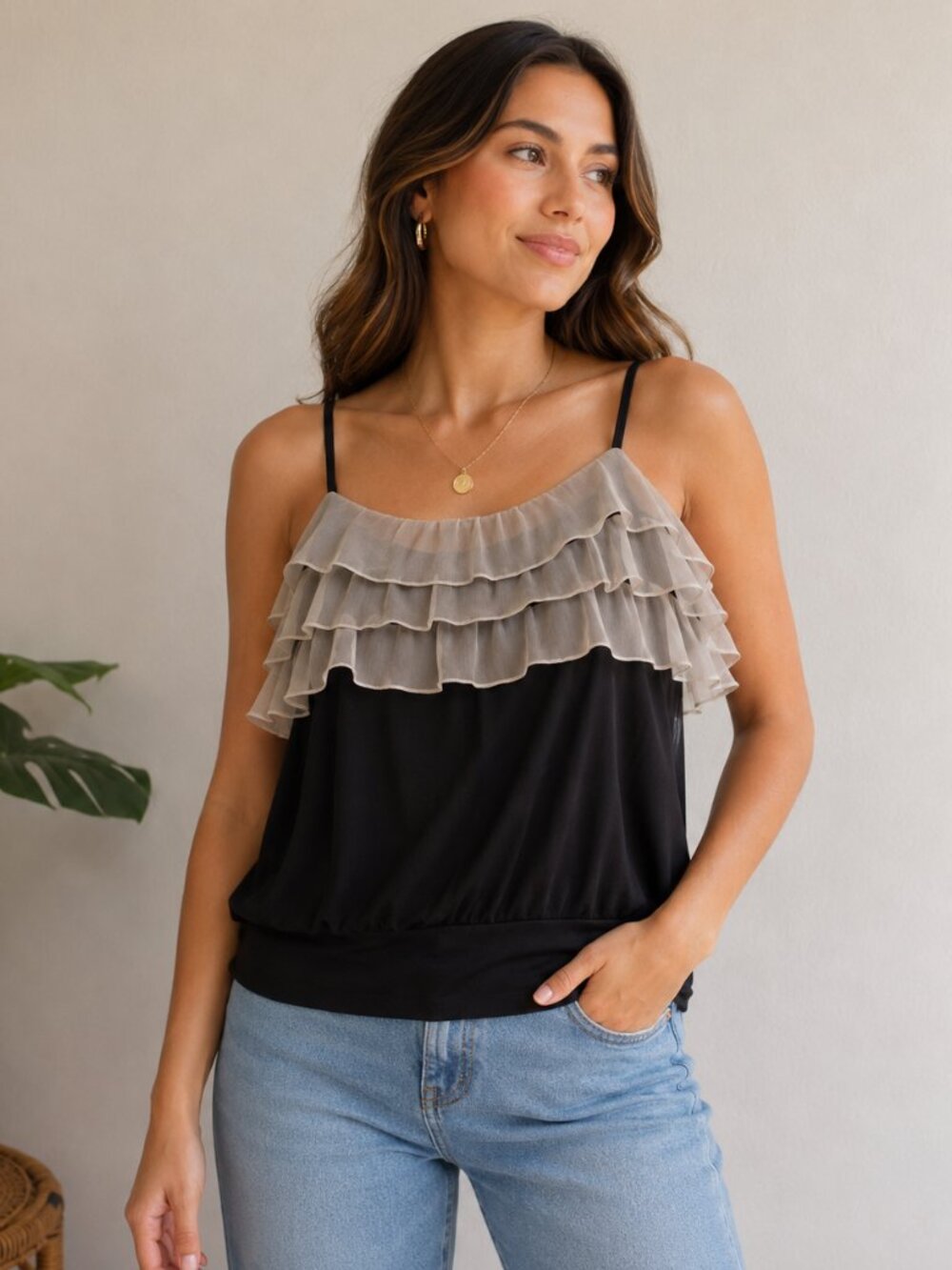 Black & White, Long String Tank, White Ruffle